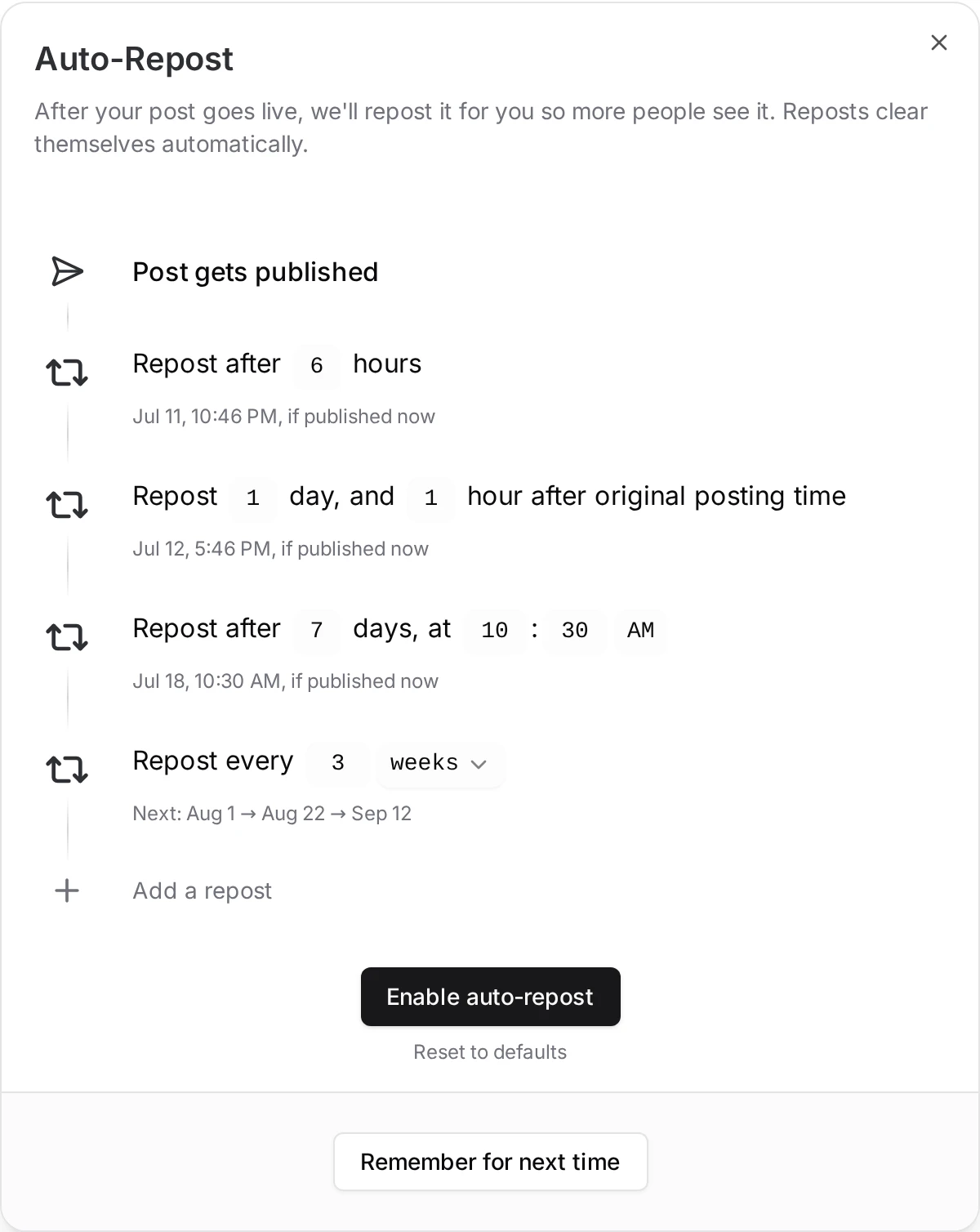ElvenFlow Auto-Repost with a schedule of automatic reposts after your post goes live