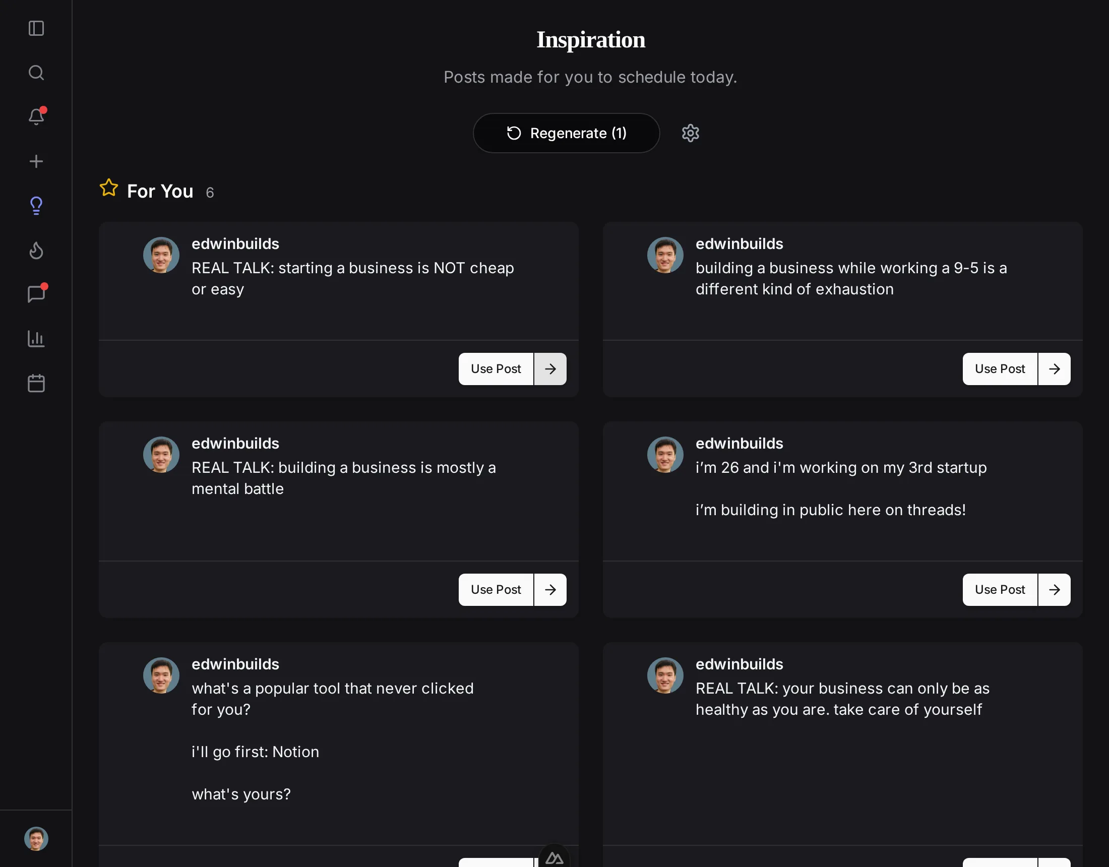 ElvenFlow Inspiration view with ready-to-schedule posts in your voice