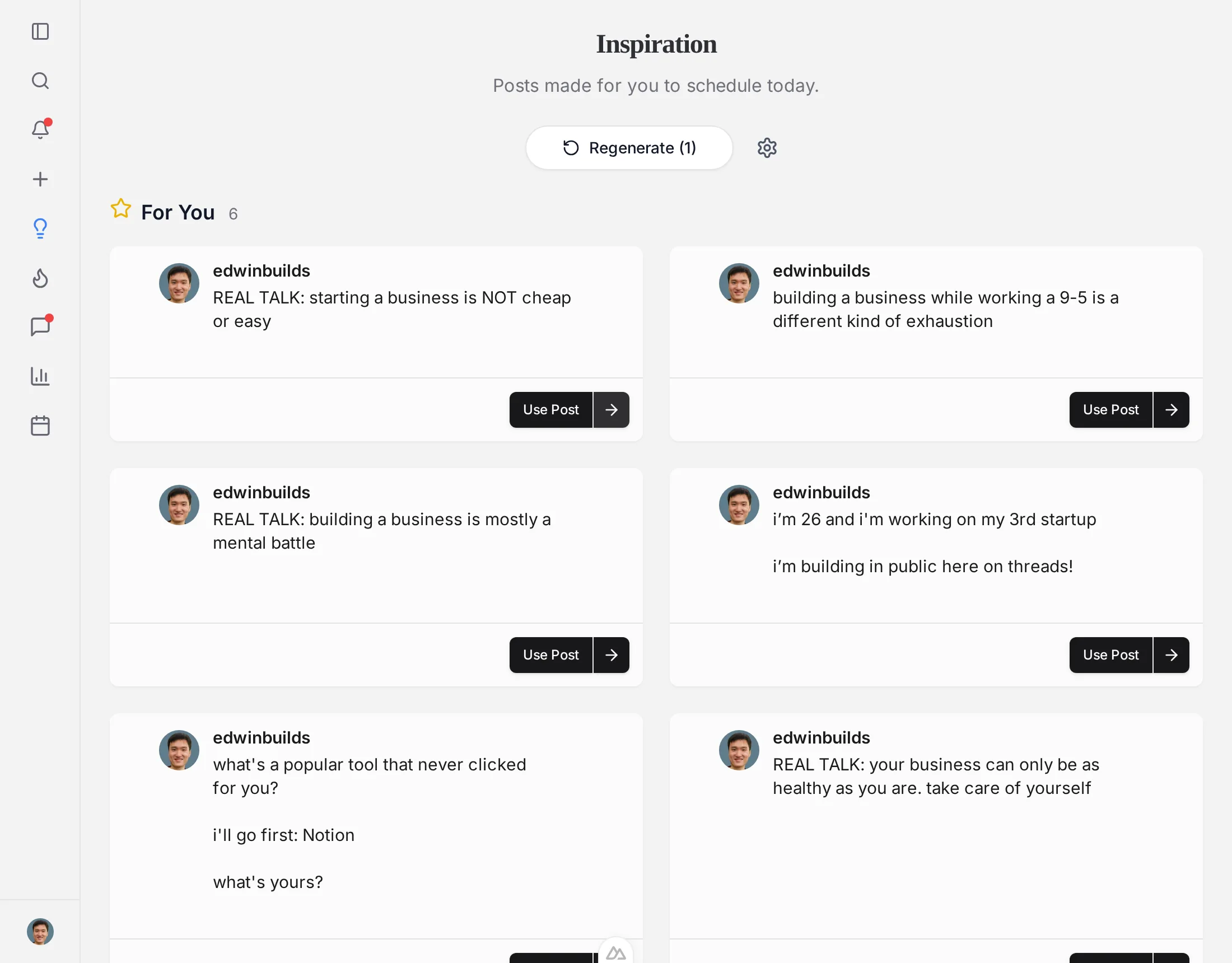 ElvenFlow Inspiration view with ready-to-schedule posts in your voice
