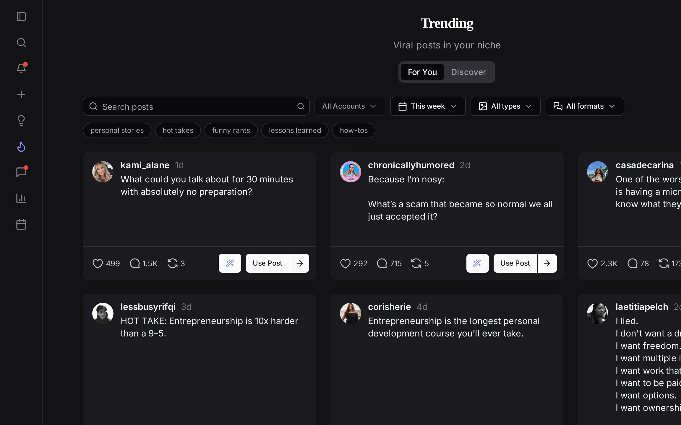 ElvenFlow Trending view with viral posts from your niche