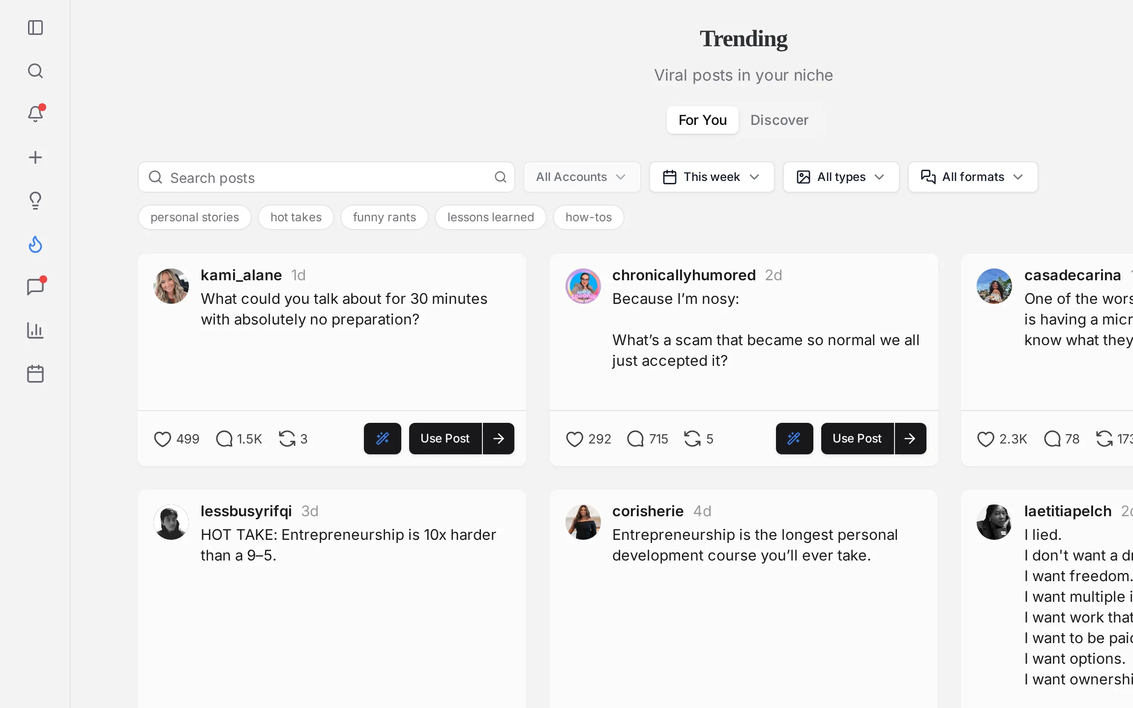 ElvenFlow Trending view with viral posts from your niche